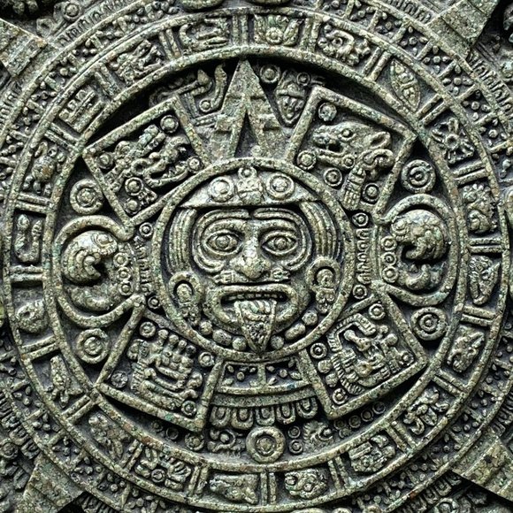 MCM Aztec Sun Stone Calendar-Marked Original Zarebski Crushed Green Stone 11.5"